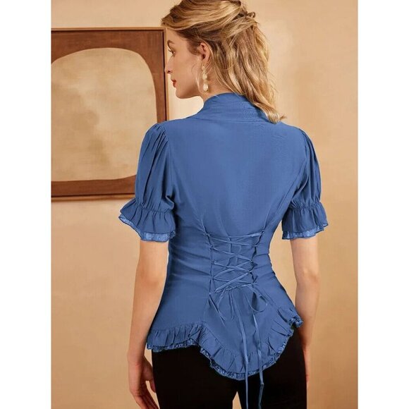 SCARLET DARKNESS Victorian Pleated Shirt Lace Up Work Blouse SKU: SLE02136-2 M - Picture 7 of 7